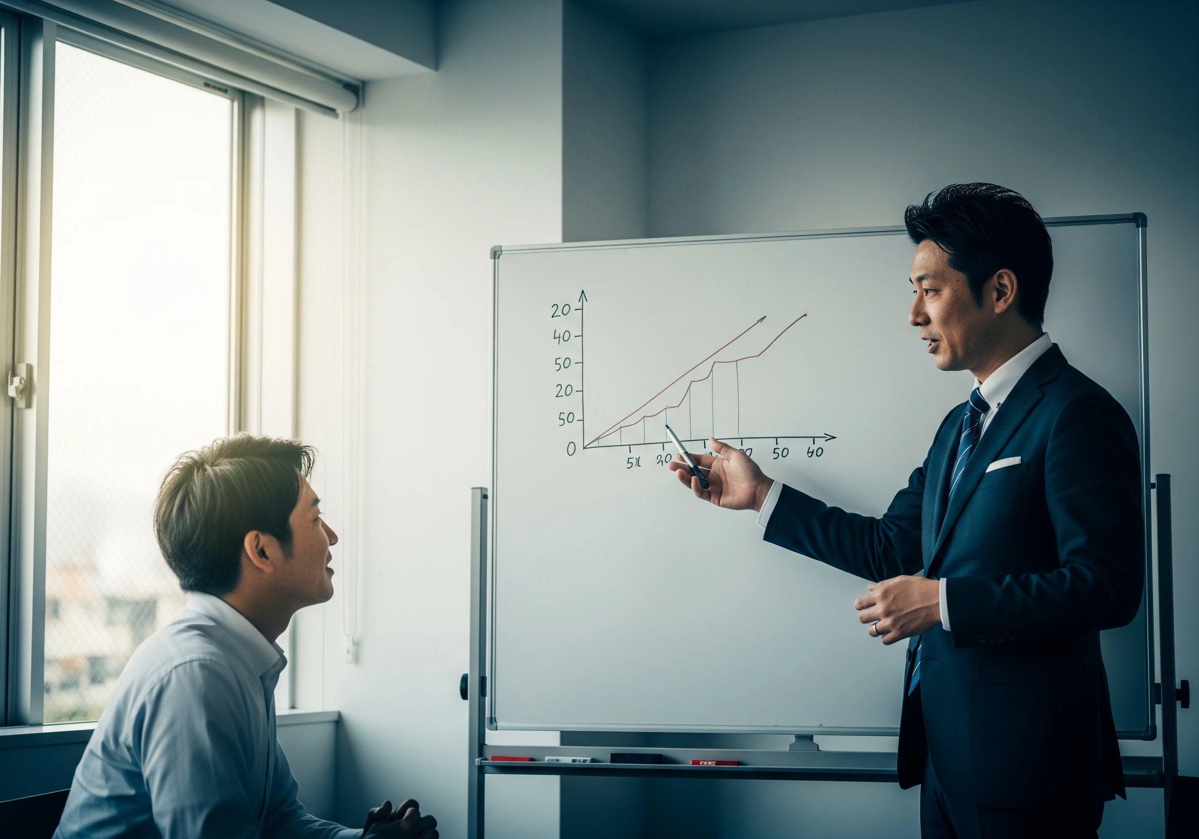 財務資料をホワイトボードで説明する様子