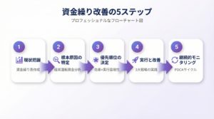資金繰り改善の5ステップを示すフローチャート:現状把握から根本原因特定、優先順位決定、実行改善、継続的モニタリングまでの全体フローを視覚化