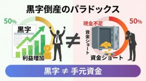 黒字と手元資金の違いを示す対比図:損益計算書の黒字と現金不足が同時に起こるメカニズム
