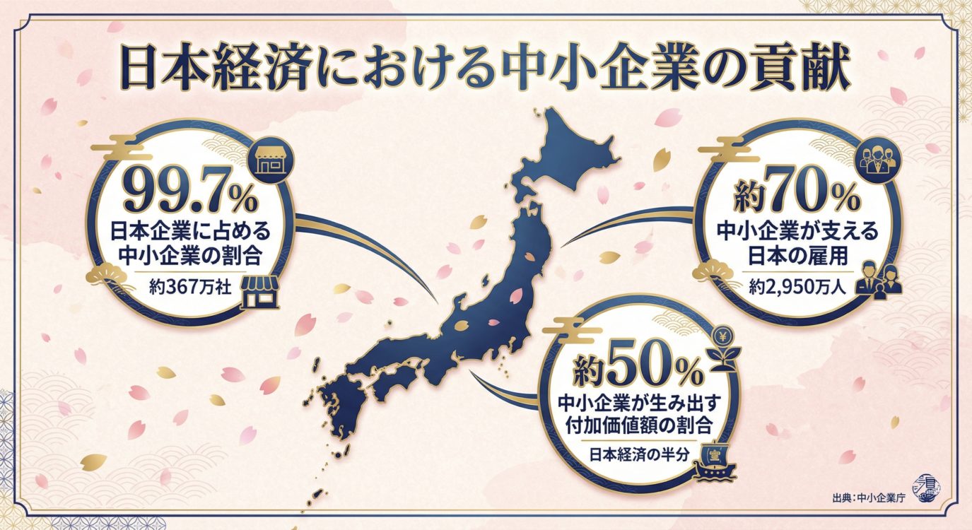 中小企業が日本経済に果たす役割:全企業の99.7%、雇用の70%、付加価値額の50%を支える中小企業の重要性を示すインフォグラフィック